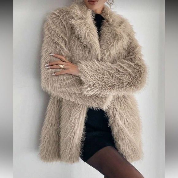 LAST CHANCE ❤️ Luxury faux fur coat lapel collar jacket tan brown - Picture 4 of 5